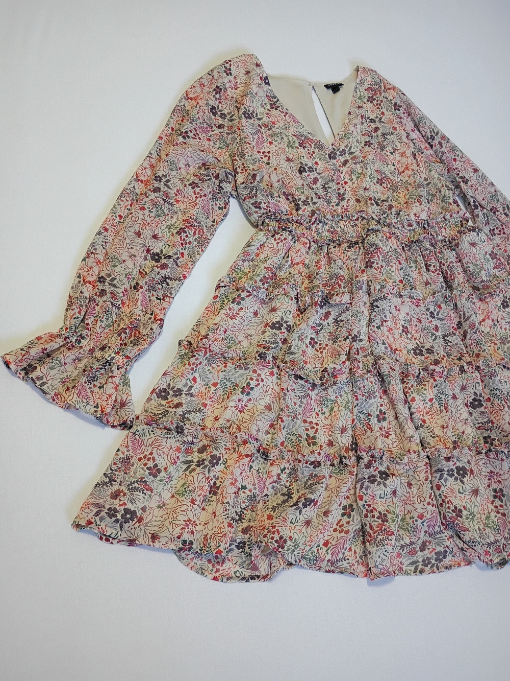 Torrid Size 1 Fall Floral Tiered Dress Chiffon Lurex Long Sleeve Plus Size Boho